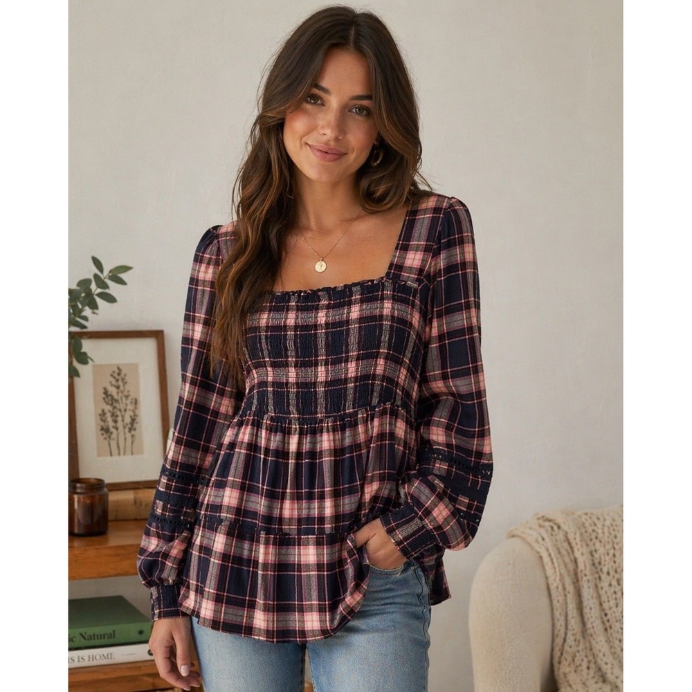 Torrid Smock Long Sleeve Flannel Babydoll Top Size L Blue Pink Plaid Cabincore